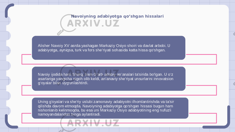 Navoiyning adabiyotga qo‘shgan hissalari Alisher Navoiy XV asrda yashagan Markaziy Osiyo shoiri va davlat arbobi. U adabiyotga, ayniqsa, turk va fors she’riyati sohasida katta hissa qo‘shgan. Navoiy ijodida ham Sharq, ham G‘arb adabiy an’analari ta’sirida bo‘lgan. U o‘z asarlariga yangicha nigoh olib keldi, an’anaviy she’riyat unsurlarini innovatsion g‘oyalar bilan uyg‘unlashtirdi. Uning g&#39;oyalari va she&#39;riy uslubi zamonaviy adabiyotni ilhomlantirishda va ta&#39;sir qilishda davom etmoqda. Navoiyning adabiyotga qo‘shgan hissasi bugun ham nishonlanib kelinmoqda, bu esa uni Markaziy Osiyo adabiyotining eng nufuzli namoyandalaridan biriga aylantiradi. 