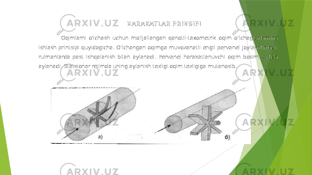  HARAKATLAR PRINSIPI Oqimlarni o&#39;lchash uchun mo&#39;ljallangan qanotli-taxometrik oqim o&#39;lchagichlarning ishlash printsipi quyidagicha. O&#39;lchangan oqimga muvozanatli engil pervanel joylashtiriladi, rulmanlarda past ishqalanish bilan aylanadi. Pervanel harakatlanuvchi oqim bosimi ostida aylanadi. Statsionar rejimda uning aylanish tezligi oqim tezligiga mutanosib. 