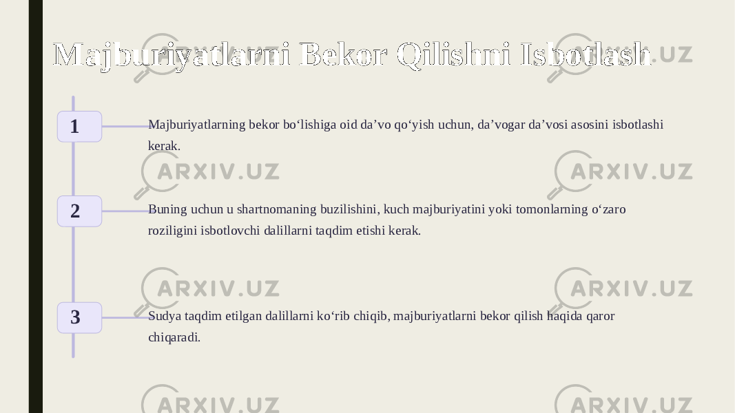 Majburiyatlarni Bekor Qilishni Isbotlash 1 Majburiyatlarning bekor boʻlishiga oid daʼvo qoʻyish uchun, daʼvogar daʼvosi asosini isbotlashi kerak. 2 Buning uchun u shartnomaning buzilishini, kuch majburiyatini yoki tomonlarning oʻzaro roziligini isbotlovchi dalillarni taqdim etishi kerak. 3 Sudya taqdim etilgan dalillarni koʻrib chiqib, majburiyatlarni bekor qilish haqida qaror chiqaradi. 