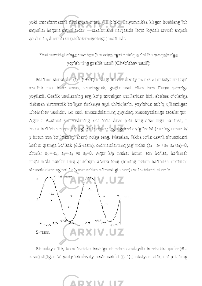 yoki transformatorli filtrlardan o’tadi (III blok). Priyomnikka kirgan boshlang’ich signallar begona signallardan ―tozalanishi‖ natijasida faqat foydali tovush signali qoldirilib, dinamikka (radiokarnaychaga) uzatiladi. Nosinusoidal o’zgaruvchan funksiya egri chiziqlarini Furye qatoriga yoyishning grafik usuli (Chebishev usuli) Ma’lum sharoitda f(t)=f(t+kT) turdagi barcha davriy uzluksiz funksiyalar faqat analitik usul bilan emas, shuningdek, grafik usul bilan ham Furye qatoriga yoyiladi. Grafik usullarning eng ko’p tarqalgan usullaridan biri, absissa o’qlariga nisbatan simmetrik bo’lgan funksiya egri chiziqlarini yoyishda tatbiq qilinadigan Chebishev usulidir. Bu usul sinusoidalarning quyidagi xususiyatlariga asoslangan. Agar a=A m sin ω t sinusoidaning k-ta to’la davri p-ta teng qismlarga bo’linsa, u holda bo’linish nuqtalaridagi ordinatalarning algebraik yig’indisi (buning uchun k/ p butun son bo’lmasligi shart) nolga teng. Masalan, ikkita to’la davrli sinusoidani beshta qismga bo’lsak (8.5-rasm), ordinatalarning yig’indisi (a 1 +a 2 +a 3 +a 4 +a 5 )=0, chunki a 1 :=-a 4 , a 2 =-a 3 va a 5 =0. Agar k/p nisbat butun son bo’lsa, bo’linish nuqtalarida noldan farq qiladigan o’zaro teng (buning uchun bo’linish nuqtalari sinusoidalarning nolli qiymatlaridan o’tmasligi shart) ordinatalarni olamiz. 5-rasm. Shunday qilib, koordinatalar boshiga nisbatan qandaydir burchakka qadar (6-a rasm) siljigan ixtiyoriy tok davriy nosinusoidal f(a t) funksiyani olib, uni p-ta teng 