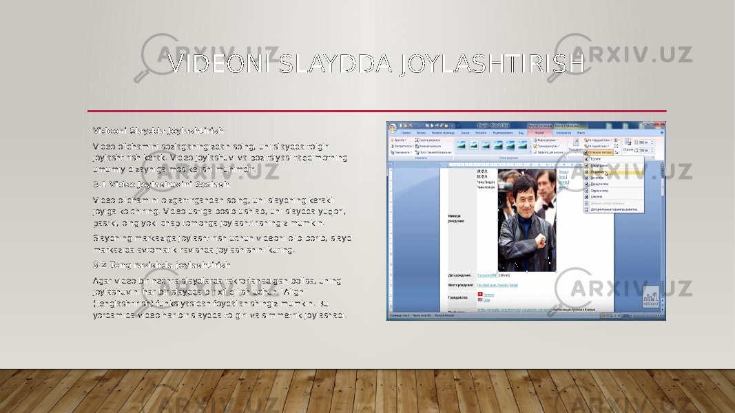 VIDEONI SLAYDDA JOYLASHTIRISH Videoni Slaydda Joylashtirish Video o&#39;lchamini sozlaganingizdan so&#39;ng, uni slaydda to&#39;g&#39;ri joylashtirish kerak. Video joylashuvi va pozitsiyasi taqdimotning umumiy dizayniga mos kelishi muhimdir. 3.1 Video Joylashuvini Sozlash Video o&#39;lchamini o&#39;zgartirgandan so&#39;ng, uni slaydning kerakli joyiga ko&#39;chiring. Video ustiga bosib ushlab, uni slaydda yuqori, pastki, o&#39;ng yoki chap tomonga joylashtirishingiz mumkin. Slaydning markaziga joylashtirish uchun videoni olib borib, slayd markazida avtomatik ravishda joylashishini kuting. 3.2 Teng ravishda joylashtirish Agar video bir nechta slaydlarda takrorlanadigan bo&#39;lsa, uning joylashuvini har bir slaydda bir xil qilish uchun &#34;Align&#34; (Tenglashtirish) funksiyasidan foydalanishingiz mumkin. Bu yordamida video har bir slaydda to&#39;g&#39;ri va simmetrik joylashadi. 