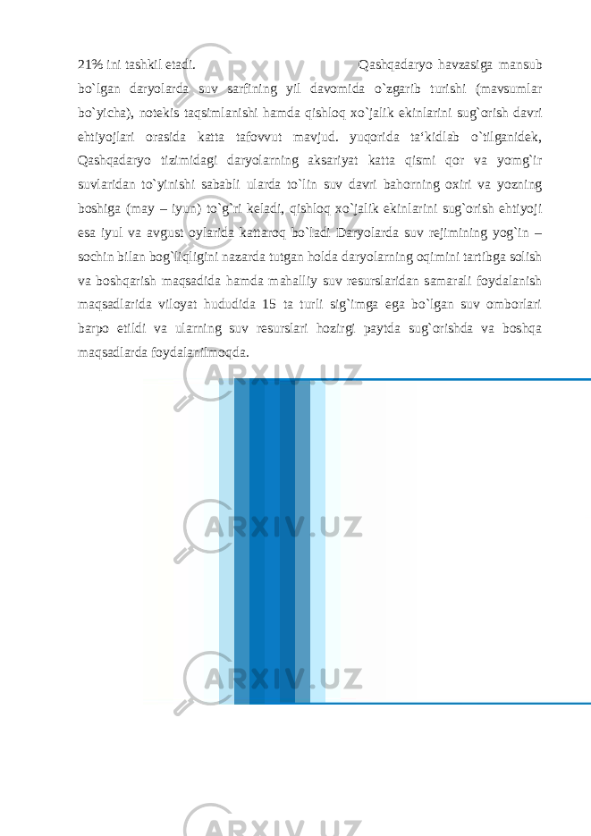 21% ini tashkil etadi. Qashqadaryo havzasiga mansub bo`lgan daryolarda suv sarfining yil davomida o`zgarib turishi (mavsumlar bo`yicha), notekis taqsimlanishi hamda qishloq xo`jalik ekinlarini sug`orish davri ehtiyojlari orasida katta tafovvut mavjud. yuqorida ta‘kidlab o`tilganidek, Qashqadaryo tizimidagi daryolarning aksariyat katta qismi qor va yomg`ir suvlaridan to`yinishi sababli ularda to`lin suv davri bahorning oxiri va yozning boshiga (may – iyun) to`g`ri keladi, qishloq xo`jalik ekinlarini sug`orish ehtiyoji esa iyul va avgust oylarida kattaroq bo`ladi Daryolarda suv rejimining yog`in – sochin bilan bog`liqligini nazarda tutgan holda daryolarning oqimini tartibga solish va boshqarish maqsadida hamda mahalliy suv resurslaridan samarali foydalanish maqsadlarida viloyat hududida 15 ta turli sig`imga ega bo`lgan suv omborlari barpo etildi va ularning suv resurslari hozirgi paytda sug`orishda va boshqa maqsadlarda foydalanilmoqda. 