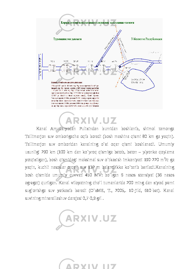 Kanal Amudaryodan Pulizindon burnidan boshlanib, shimol tomonga Tallimarjon suv omborigacha oqib boradi (bosh mashina qismi 80 km ga yaqin). Tallimarjon suv omboridan kanalning o`zi oqar qismi boshlanadi. Umumiy uzunligi 290 km (100 km dan ko`proq qismiga betob, beton – plyonka qoplama yotqizilgan), bosh qismidagi maksimal suv o`tkazish imkoniyati 190-220 m 3 /c ga yaqin, kuchli nasoslar orqali suv 132 m balandlikka ko`tarib beriladi.Kanalning bosh qismida umumiy quvvati 450 MVt bo`lgan 6 nasos stansiyai (36 nasos agregat) qurilgan. Kanal viloyatning cho`l tumanlarida 200 ming dan ziyod yerni sug`orishga suv yetkazib beradi (O`zME, T., 2005,. 10-jild, 610-bet). Kanal suvining minerallashuv darajasi 0,7-0,9 g/l . 