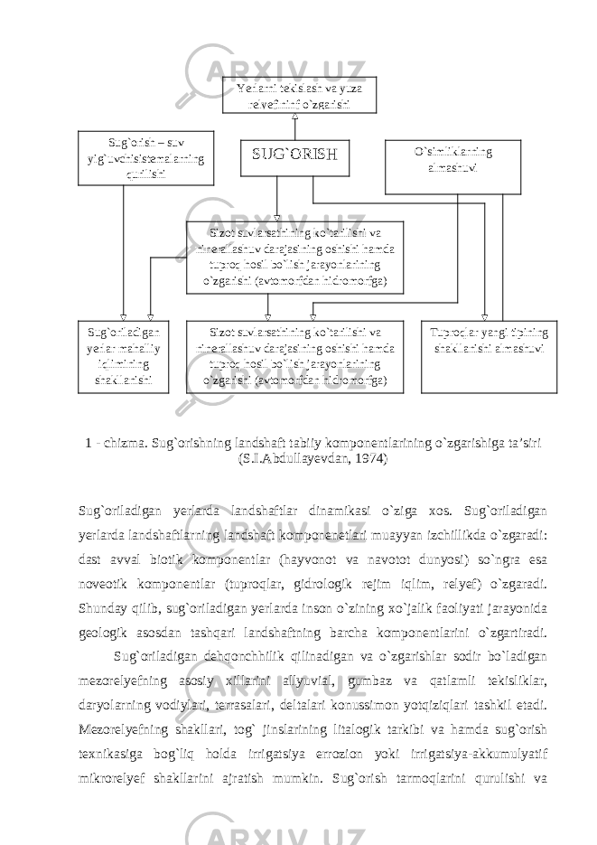 1 - chizma. Sug`orishning landshaft tabiiy komponentlarining o`zgarishiga ta’siri (S.I.Abdullayevdan, 1974) Sug`oriladigan yerlarda landshaftlar dinamikasi o`ziga xos. Sug`oriladigan yerlarda landshaftlarning landshaft komponenetlari muayyan izchillikda o`zgaradi: dast avval biotik komponentlar (hayvonot va navotot dunyosi) so`ngra esa noveotik komponentlar (tuproqlar, gidrologik rejim iqlim, relyef) o`zgaradi. Shunday qilib, sug`oriladigan yerlarda inson o`zining xo`jalik faoliyati jarayonida geologik asosdan tashqari landshaftning barcha komponentlarini o`zgartiradi. Sug`oriladigan dehqonchhilik qilinadigan va o`zgarishlar sodir bo`ladigan mezorelyefning asosiy xillarini allyuvial, gumbaz va qatlamli tekisliklar, daryolarning vodiylari, terrasalari, deltalari konussimon yotqiziqlari tashkil etadi. Mezorelyefning shakllari, tog` jinslarining litalogik tarkibi va hamda sug`orish texnikasiga bog`liq holda irrigatsiya errozion yoki irrigatsiya-akkumulyatif mikrorelyef shakllarini ajratish mumkin. Sug`orish tarmoqlarini qurulishi va SUG`ORISHYerlarni tekislash va yuza relyefininf o`zgarishi O`simliklarning almashuviSug`orish – suv yig`uvchisistemalarning qurilishi Sizot suvlarsathining ko`tarilishi va ninerallashuv darajasining oshishi hamda tuproq hosil bo`lish jarayonlarining o`zgarishi (avtomorfdan hidromorfga) Sizot suvlarsathining ko`tarilishi va ninerallashuv darajasining oshishi hamda tuproq hosil bo`lish jarayonlarining o`zgarishi (avtomorfdan hidromorfga) Tuproqlar yangi tipining shakllanishi almashuviSug`oriladigan yerlar mahalliy iqlimining shakllanishi 