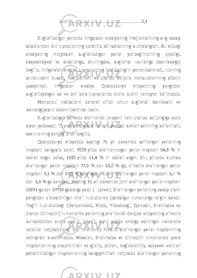  kuchli ………………………………………0,1 Sug`oriladigan yerlarda irrigatsion eroziyaning rivojlanishining eng asosiy sabablaridan biri tuproqlarning qarshilik ko`rsatishining kuchsizligidir. Bu xildagi eroziyaning miqyoslari sug`oriladigan yerlar yonbag`irlarining qiyaligi, ekspozitsiyasi va shakllariga, shuningdek, sug`orish usullariga (texnikasiga) bog`liq. Irrigarsion eroziya tuproqlarning hosildorligini yomonlashtiradi, ularning strukturasini buzadi, hosildorlikni va qishloq xo`jalik mahsulotlarining sifatini pasaytiradi. Irrigatsion eroziya Qashqadaryo viloyatining yangitdan sug`orilayotgan asl va och bo`z tuproqlarida ancha kuchli namoyon bo`lmoqda. Nomaqbul hodisalarni bartaraf qilish uchun sug`orish texnikasini va texnologiyasini takomillashtirish lozim. Sug`oriladigan yerlarda sho`rlanish jarayoni ham qishloq xo`jaligiga katta ziyon yetkazadi. Tuproqlarning sho`rlanishi yer osti suvlari sathining ko`tarilishi, zovurlarning kamligi bilan bog`liq. Qashqadaryo viloyatida keyingi 25 yil davomida so`rlangan yerlarning maydoni kengayib bordi. 2008-yilda sho`rlanmagan yerlar maydoni 64,8 % ni tashkil etgan bolsa, 1990-yilda 51,4 % ni tashkil etgan. Shu yillarda kuchsiz sho`rlangan yerlar maydoni 22,3 % dan 33,0 % ga, o`rtacha sho`rlangan yerlar maydoni 9,1 % dan 12,0 % ga o`sgan. Kuchli sho`rlangan yerlar maydoni 3,7 % dan 3,6 % ga kamaydi. Keyingi 15 yil davomida jami sho`rlangan yerlar maydoni 59921 ga dan 62239 gektarga yetdi ( - jadval). Sho`rlangan yerlarning asosiy qismi yangitdan o`zlashtirilgan cho`l hududlarida joylashgan tumanlarga to`g`ri keladi. Tog`li hududlardagi (Dehqonobod, Kitob, Yakkabog`, Qamashi, Shahrisabz va qisman Chiroqchi) tumanlarida yerlarning sho`rlanish darajasi viloyatning o`rtacha ko`rsatkicidan ancha past ( -jadval). Ayni paytda amalga oshirilgan meliorativ tadbirlar natijasida tog` oldi tmanlarida mavjud sho`rlangan yerlar maydonining kamayishi kuzatilmoqda. Masalan, Shahrisabz va Chiroqchi tumanlarida paxta maydonlarining qisqartirilishi va g`alla, pichan, bog`dorchilik, sabzavot ekinlari yetishtiriladigan maydonlarning kengaytirilishi natijasida sho`rlangan yerlarning 