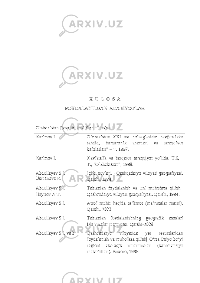  - X U L O S A FOYDALANILGAN ADABIYOTLAR O`zbekiston Respublikasi Konstitutsiyasi. K arimov I. O`zbekiston XXI asr bo`sag`asida: havfsizlikka tahdid, barqarorlik shartlari va taraqqiyot kafolatlari” – T. 1997. K arimov I. Xavfsizlik va barqaror taraqqiyot yo`lida. T.6, - T., “O`zbekiston”, 1998. Abdullayev S.I. Usmanova R. Ichki suvlari. - Qashqadaryo viloyati geografiyasi. Qarshi, 1994. Abdullayev S.I. Hayitov A.T. Tabiatdan foydalanish va uni muhofaza qilish.- Qashqadaryo viloyati geografiyasi. Qarshi, 1994. Abdullayev S.I. Atrof muhit haqida ta’limot (ma’ruzalar matni). Qarshi, 2000. Abdullayev S.I. Tabiatdan foydalanishning geografik asoslari Ma’ruzalar majmuasi. Qarshi-2008 Abdullayev S.I. va b. Qashqadaryo viloyatida yer resurslaridan foydalanish va muhofaza qilish || О‘rta Osiyo bо‘yi regioni ekologik muammolari (konferensiya materiallari). Buxoro, 1995 