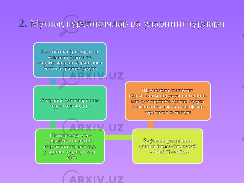 2. Мутлақ кўрсаткичлар ва уларнинг турлари Статистика ўрганадиган оммавий ҳодиса ва жараёнлар ранг-баранглиги билан ажралиб туради. Уларнинг белгилари ҳам турли-тумандир. Шунинг учун сон- саноқсиз статистик кўрсаткичлар мавжуд, уларнинг турлари ҳам кўп. Ўз-ўзидан равшанки, уларни бирма-бир қараб чиқиб бўлмайди. Шу сабабли статистик кўрсаткичларни умумлаштириш, маълум тартибга солиш, муҳим томонларига қараб таснифлаш зарурияти туғилади. 