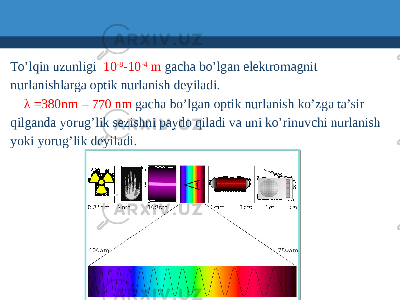 To’lqin uzunligi 10 -8 -10 -4 m gacha bo’lgan elektromagnit nurlanishlarga optik nurlanish deyiladi. λ =380nm – 770 nm gacha bo’lgan optik nurlanish ko’zga ta’sir qilganda yorug’lik sezishni paydo qiladi va uni ko’rinuvchi nurlanish yoki yorug’lik deyiladi. 