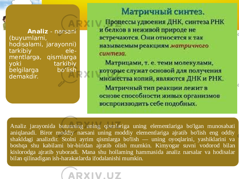  Analiz - narsani (buyumlarni, hodisalami, jarayonni) tarkibiy ele- mentlarga, qismlarga yoki tarkibiy belgilarga bo&#39;lish demakdir. Analiz jarayonida butunning uning qismlariga uning elementlariga bo&#39;lgan munosabati aniqlanadi. Biror moddiy narsani uning moddiy elementlariga ajratib bo&#39;lish eng oddiy shakldagi analizdir. Stolni ayrim qismlarga bo&#39;lish — uning oyoqlarini, yashiklarini va boshqa shu kabilami bir-biridan ajratib olish mumkin. Kimyogar suvni vodorod bilan kislorodga ajratib yuboradi. Mana shu hollaming hammasida analiz narsalar va hodisalar bilan qilinadigan ish-harakatlarda ifodalanishi mumkin. 