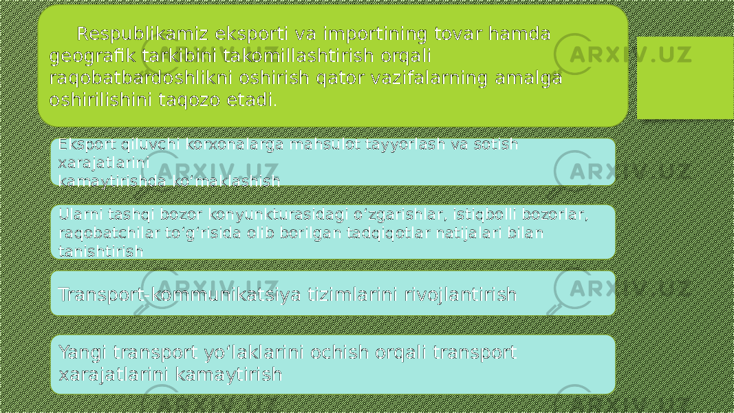 Respublikamiz eksporti va importining tovar hamda geografik tarkibini takomillashtirish orqali raqobatbardoshlikni oshirish qator vazifalarning amalga oshirilishini taqozo etadi . Eksport qiluvchi korxonalarga mahsulot tayyorlash va sotish xarajatlarini kamaytirishda ko‘maklashish Ularni tashqi bozor konyunkturasidagi o‘zgarishlar, istiqbolli bozorlar, raqobatchilar to‘g‘risida olib borilgan tadqiqotlar natijalari bilan tanishtirish Transport-kommunikatsiya tizimlarini rivojlantirish Yangi transport yo‘laklarini ochish orqali transport xarajatlarini kamaytirish 