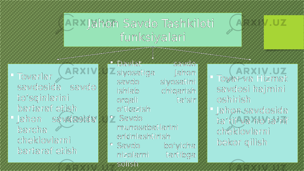 Jahon Savdo Tashkiloti funksiyalari  Tovarlar savdosida savdo to’sqinlarini bartaraf etish  Jahon savdosida barcha cheklovlarni bartaraf etish  Davlat savdo siyosatiga Jahon savdo siyosatini ishlab chiqarish orqali ta’sir o’tkazish  Savdo munosabatlarini erkinlashtirish  Savdo bo’yicha nizolarni tartibga solish  Tovar va Hizmat savdosi hajmini oshirish  Jahon savdosida ta’rif va no ta’rif cheklovlarni bekor qilish 