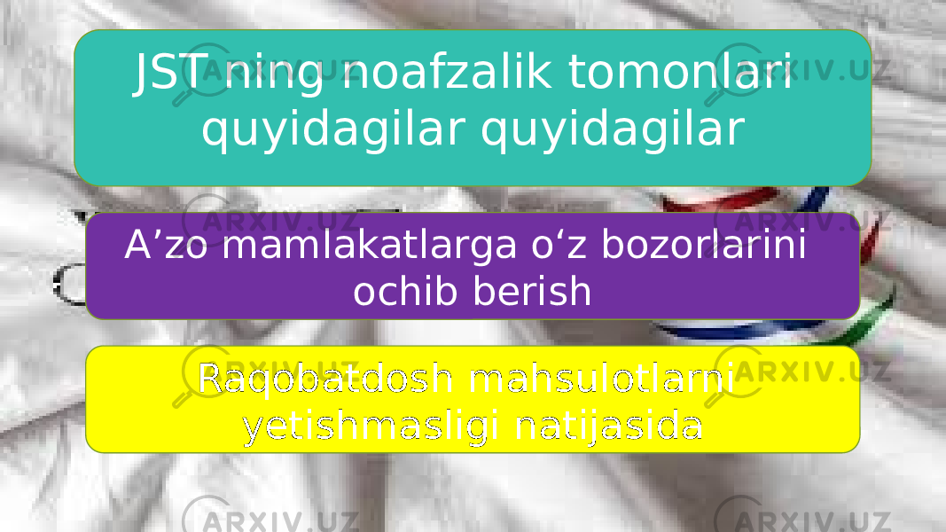 JST ning noafzalik tomonlari quyidagilar quyidagilar A’zo mamlakatlarga o‘z bozorlarini ochib berish Raqobatdosh mahsulotlarni yetishmasligi natijasida 