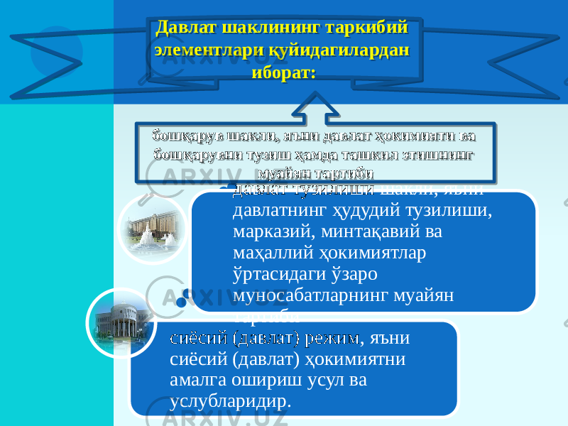 сиёсий (давлат) режим , яъни сиёсий (давлат) ҳокимиятни амалга ошириш усул ва услубларидир. давлат тузилиши шакли, яъни давлатнинг ҳудудий тузилиши, марказий, минтақавий ва маҳаллий ҳокимиятлар ўртасидаги ўзаро муносабатларнинг муайян тартибибошқарув шакли, яъни давлат ҳокимияти ва бошқарувни ту зиш ҳамда ташкил этишнинг муайян тартибиДавлат шаклининг таркибий элементлари қуйидагилардан иборат: 34 340937 43 0102 46 07 