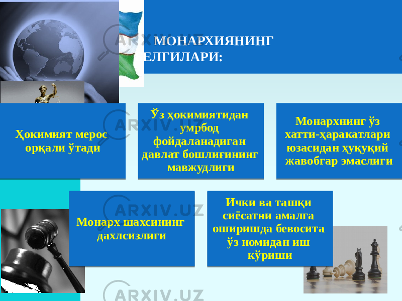 МОНАРХИЯНИНГ БЕЛГИЛАРИ: Ҳокимият мерос орқали ўтади Ўз ҳокимиятидан умрбод фойдаланадиган давлат бошлиғининг мавжудлиги Монархнинг ўз хатти-ҳаракатлари юзасидан ҳуқуқий жавобгар эмаслиги Монарх шахсининг дахлсизлиги Ички ва ташқи сиёсатни амалга оширишда бевосита ўз номидан иш кўриши 4B3A0B 3A0C 24 35 49 39 43 20 4A 4C37 42 20 39 1438 3C 3A0A 3637 0B 