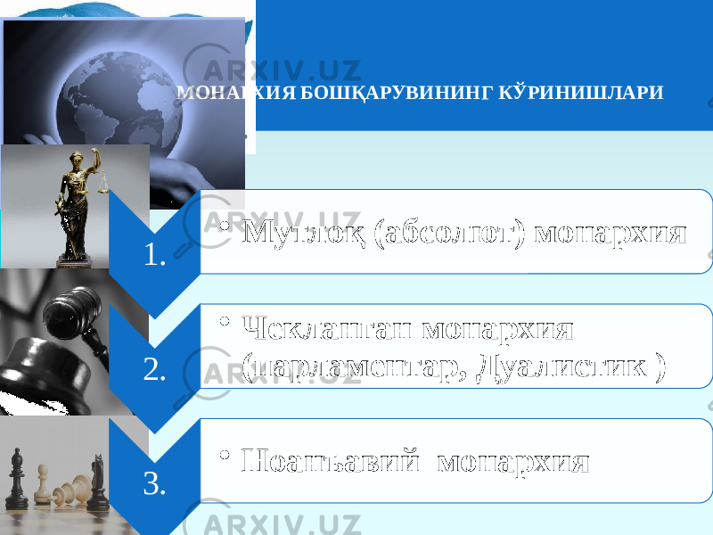 МОНАРХИЯ БОШҚАРУВИНИНГ КЎРИНИШЛАРИ 1. • Мутлоқ (абсолют) монархия 2. • Чекланган монархия (парламентар, Дуалистик ) 3. • Ноанъавий монархия 