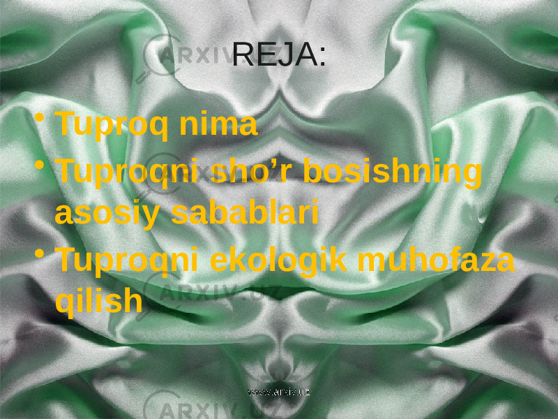 REJA: • Tuproq nima • Tuproqni sho’r bosishning asosiy sabablari • Tuproqni ekologik muhofaza qilish www.arxiv.uz 