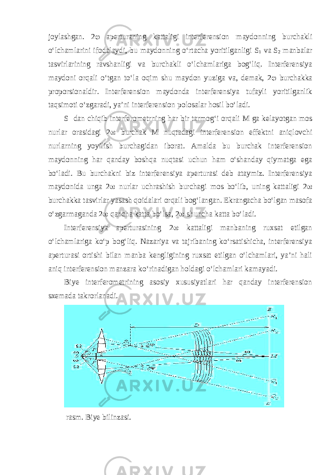 joylashgan. 2  aperturaning kattaligi interferension maydonning burchakli o‘lchamlarini ifodalaydi, bu maydonning o‘rtacha yoritilganligi S 1 va S 2 manbalar tasvirlarining ravshanligi va burchakli o‘lchamlariga bog‘liq. Interferensiya maydoni orqali o‘tgan to‘la oqim shu maydon yuziga va, demak, 2  burchakka proporsionaldir. Interferension maydonda interferensiya tufayli yoritilganlik taqsimoti o‘zgaradi, ya’ni interferension polosalar hosil bo‘ladi. S dan chiqib interferometrning har bir tarmog‘i orqali M ga kelayotgan mos nurlar orasidagi 2  burchak M nuqtadagi interferension effektni aniqlovchi nurlarning yoyilish burchagidan iborat. Amalda bu burchak interferension maydonning har qanday boshqa nuqtasi uchun ham o‘shanday qiymatga ega bo‘ladi. Bu burchakni biz interferensiya aperturasi deb ataymiz. Interferensiya maydonida unga 2  nurlar uchrashish burchagi mos bo‘lib, uning kattaligi 2  burchakka tasvirlar yasash qoidalari orqali bog‘langan. Ekrangacha bo‘lgan masofa o‘zgarmaganda 2  qancha katta bo‘lsa, 2  shuncha katta bo‘ladi. Interferensiya aperturasining 2  kattaligi manbaning ruxsat etilgan o‘lchamlariga ko‘p bog‘liq. Nazariya va tajribaning ko‘rsatishicha, interferensiya aperturasi ortishi bilan manba kengligining ruxsat etilgan o‘lchamlari, ya’ni hali aniq interferension manzara ko‘rinadigan holdagi o‘lchamlari kamayadi. Biye interferometrining asosiy xususiyatlari har qanday interferension sxemada takrorlanadi. rasm. Biye bilinzasi. 