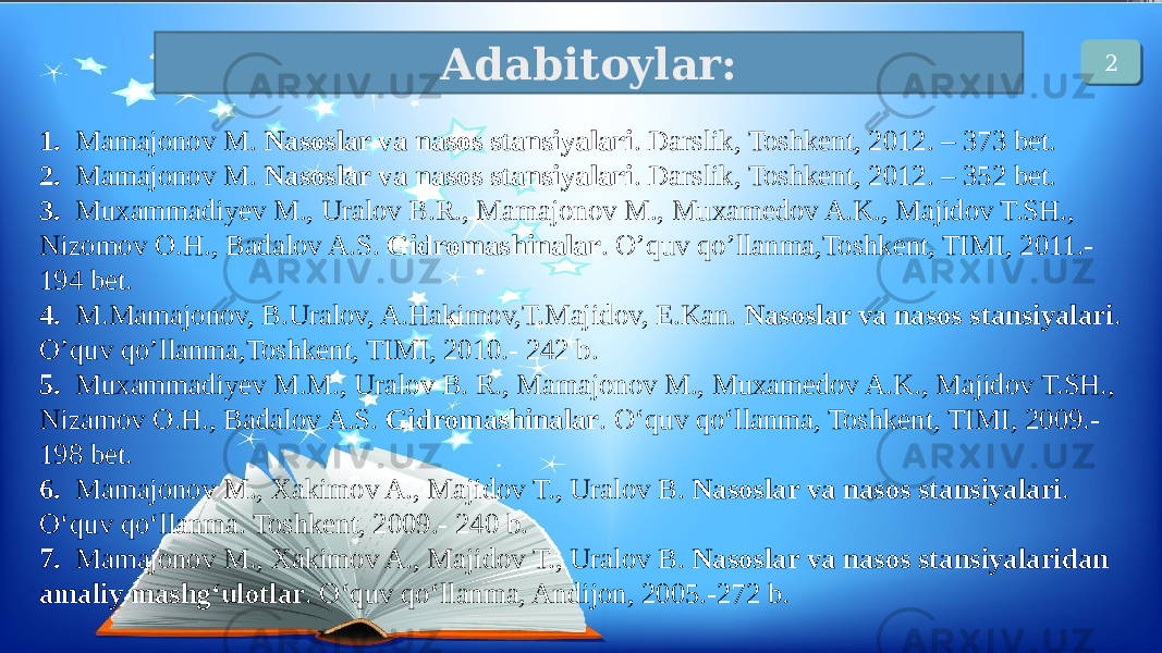 Adabitoylar: 1. Mamajonov M. Nasoslar va nasos stansiyalari . Darslik, Toshkent, 2012. – 373 bet. 2. Mamajonov M. Nasoslar va nasos stansiyalari . Darslik, Toshkent, 2012. – 352 bet. 3. Muxammadiyev M., Uralov B.R., Mamajonov M., Muxamedov A.K., Majidov T.SH., Nizomov O.H., Badalov A.S. Gidromashinalar . O’quv qo’llanma,Toshkent, TIMI, 2011.- 194 bet. 4. M.Mamajonov, B.Uralov, A.Hakimov,T.Majidov, E.Kan. Nasoslar va nasos stansiyalari . O’quv qo’llanma,Toshkent, TIMI, 2010.- 242 b. 5. Muxammadiyev M.M., Uralov B. R., Mamajonov M., Muxamedov A.K., Majidov T.SH., Nizamov O.H., Badalov A.S. Gidromashinalar . O‘quv qo‘llanma, Toshkent, TIMI, 2009.- 198 bet. 6. Mamajonov M., Xakimov A., Majidov T., Uralov B. Nasoslar va nasos stansiyalari . O‘quv qo‘llanma. Toshkent, 2009.- 240 b. 7. Mamajonov M., Xakimov A., Majidov T., Uralov B. Nasoslar va nasos stansiyalaridan amaliy mashg‘ulotlar . O‘quv qo‘llanma, Andijon, 2005.-272 b. 2 01 