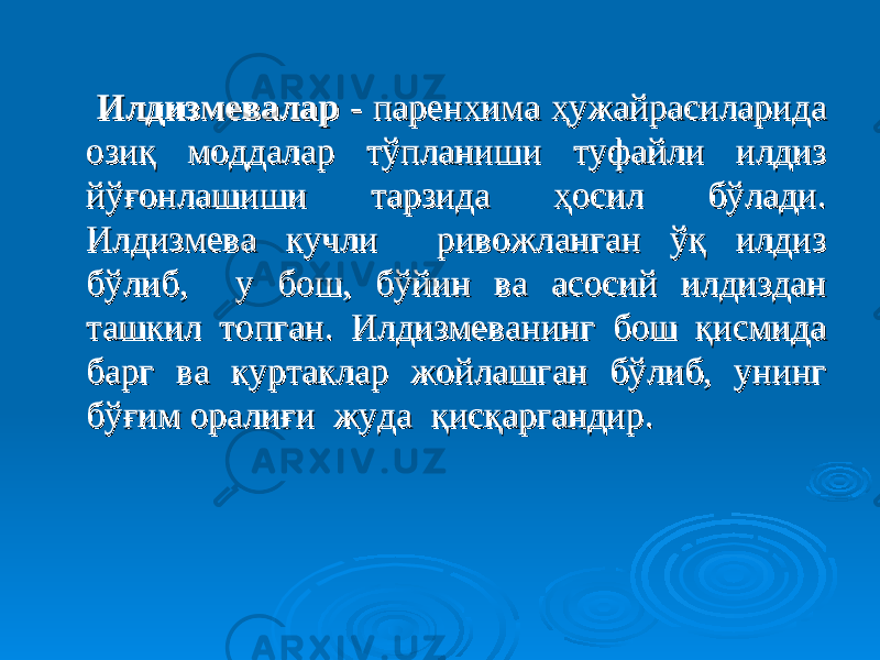  Илдизмевалар Илдизмевалар - паренхима ҳужайрасиларида - паренхима ҳужайрасиларида озиқ моддалар тўпланиши туфайли илдиз озиқ моддалар тўпланиши туфайли илдиз йўғонлашиши тарзида ҳосил бўлади. йўғонлашиши тарзида ҳосил бўлади. Илдизмева кучли ривожланган ўқ илдиз Илдизмева кучли ривожланган ўқ илдиз бўлиб, у бош, бўйин ва асосий илдиздан бўлиб, у бош, бўйин ва асосий илдиздан ташкил топган. Илдизмеванинг бош қисмида ташкил топган. Илдизмеванинг бош қисмида барг ва куртаклар жойлашган бўлиб, унинг барг ва куртаклар жойлашган бўлиб, унинг бўғим оралиғи жуда қисқаргандир. бўғим оралиғи жуда қисқаргандир. 