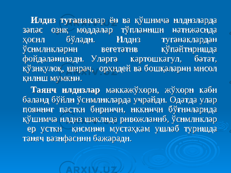  Илдиз туганакИлдиз туганак лар ён ва қўшимча илдизларда лар ён ва қўшимча илдизларда запас озиқ моддалар тўпланиши натижасида запас озиқ моддалар тўпланиши натижасида ҳосил бўлади. Илдиз туганаклардан ҳосил бўлади. Илдиз туганаклардан ўсимликларни вегетатив кўпайтиришда ўсимликларни вегетатив кўпайтиришда фойдаланилади. Уларга картошкагул, батат, фойдаланилади. Уларга картошкагул, батат, қўзиқулоқ, ширач, орхидей ва бошқаларни мисол қўзиқулоқ, ширач, орхидей ва бошқаларни мисол қилиш мумкин.қилиш мумкин. Таянч илдизлар Таянч илдизлар маккажўхори, жўхори каби маккажўхори, жўхори каби баланд бўйли ўсимликларда учрайди. Одатда улар баланд бўйли ўсимликларда учрайди. Одатда улар поянинг пастки биринчи, иккинчи бўғинларида поянинг пастки биринчи, иккинчи бўғинларида қўшимча илдиз шаклида ривожланиб, ўсимликлар қўшимча илдиз шаклида ривожланиб, ўсимликлар ер устки қисмини мустаҳкам ушлаб туришда ер устки қисмини мустаҳкам ушлаб туришда таняч вазифасини бажаради. таняч вазифасини бажаради. 