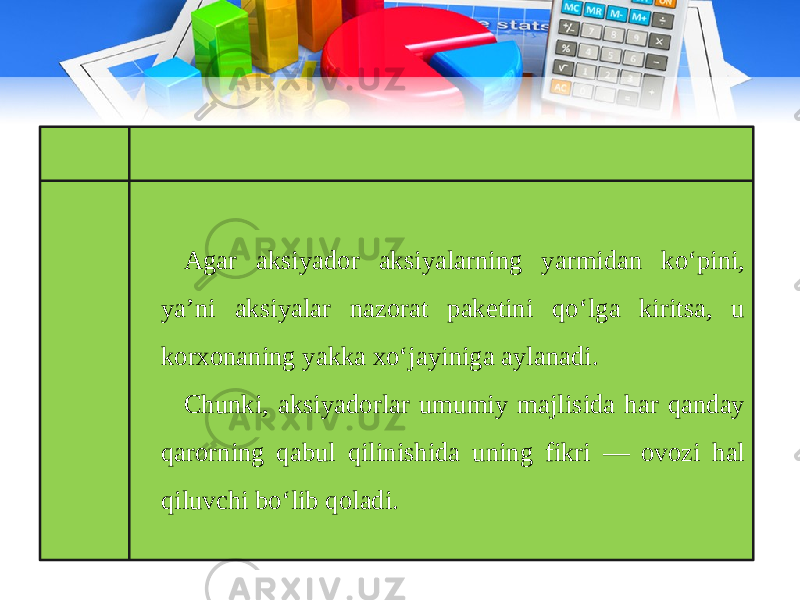 Agar aksiyador aksiyalarning yarmidan ko‘pini, ya’ni aksiyalar nazorat paketini qo‘lga kiritsa, u korxonaning yakka xo‘jayiniga aylanadi. Chunki, aksiyadorlar umumiy majlisida har qanday qarorning qabul qilinishida uning fikri — ovozi hal qiluvchi bo‘lib qoladi. 