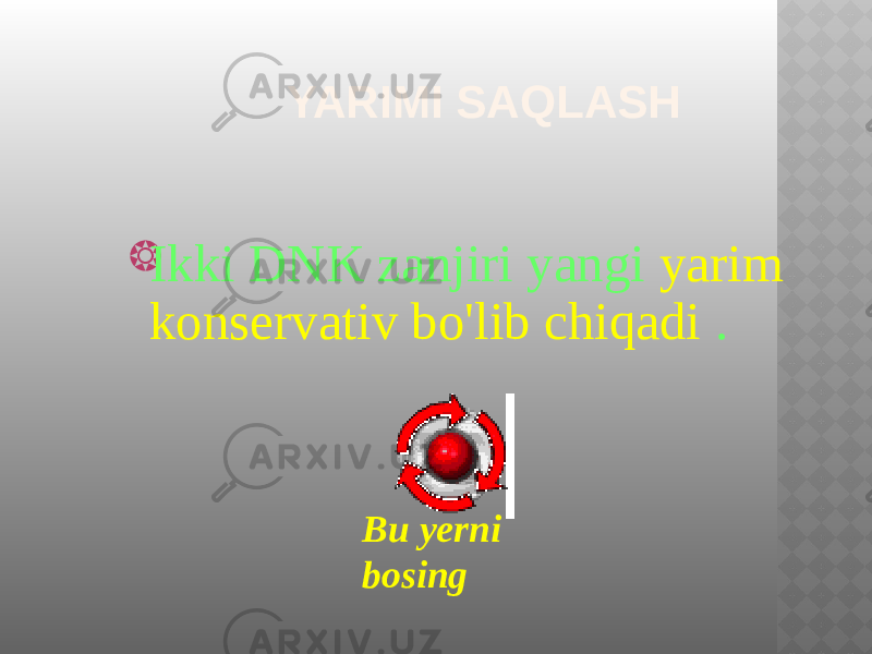 YARIMI SAQLASH  Ikki DNK zanjiri yangi yarim konservativ bo&#39;lib chiqadi . Bu yerni bosing 