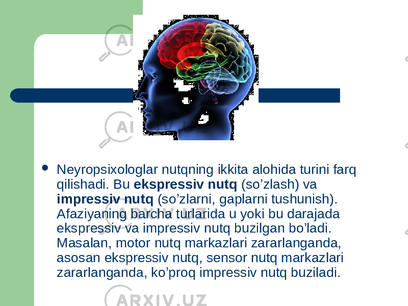  Neyropsixologlar nutqning ikkita alohida turini farq qilishadi. Bu ekspressiv nutq (so’zlash) va impressiv nutq (so’zlarni, gaplarni tushunish). Afaziyaning barcha turlarida u yoki bu darajada ekspressiv va impressiv nutq buzilgan bo’ladi. Masalan, motor nutq markazlari zararlanganda, asosan ekspressiv nutq, sensor nutq markazlari zararlanganda, ko’proq impressiv nutq buziladi. 