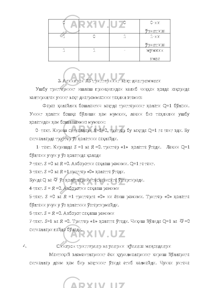 0 1 0 0 - ни ўрнатиш 1 0 1 1 - ни ўрнатиш 1 1 - мумкин эмас 3. Асинхрон RS триггернинг вақт диаграммаси Ушбу триггернинг ишлаш принципидан келиб чиққан ҳолда юқорида келтирилган унинг вақт диаграммасини таҳлил этамиз: Фараз қилайлик бошланғич вақтда триггернинг ҳолати Q=1 бўлсин. Унинг ҳолати бошқа бўлиши ҳам мумкин, лекин биз таҳлилни ушбу ҳолатидан ҳам бошлашимиз мумкин: 0- такт. Кириш сигналлари R =S=0. триггер бу вақтда Q=1 га тенг эди. Бу сигналларда триггер ўз ҳолатини сақлайди. 1- такт. Киришда S =1 ва R =0. триггер «1» ҳолатга ўтади. Лекин Q =1 бўлгани учун у ўз ҳолатида қолади 2-такт. S =0 ва R =0. Ахборотни сақлаш режими. Q =1 га тенг. 3-такт. S =0 ва R =1 триггер «0» ҳолатга ўтади. Бунда Q ва Q ўз ҳолатларини тескарисига ўзгартиради. 4-такт. S = R =0. Ахборотни сақлаш режими 5-такт. S =0 ва R =1 триггерга «0» ни ёзиш режими. Триггер «0» ҳолатга бўлгани учун у ўз ҳолатини ўзгартирмайди. 6-такт. S = R =0. Ахборот сақлаш режими 7-такт. S =1 ва R =0. Триггер «1» ҳолатга ўтади. Чиқиш йўлида Q=1 ва Q =0 сигналлари пайдо бўлади. 4. Синхрон триггерлар ва уларни қўллаш мақсадлари Мантиқий элементларнинг ёки қурилмаларнинг кириш йўлларига сигналлар доим ҳам бир вақтнинг ўзида етиб келмайди. Чунки унгача 