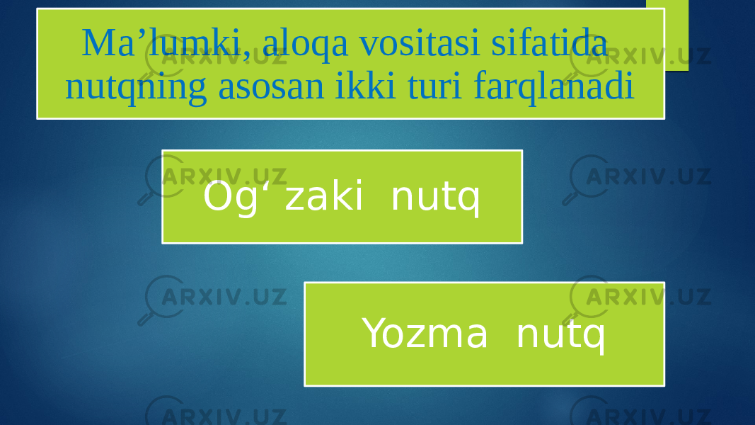 Ma’lumki, aloqa vositasi sifatida nutqning asosan ikki turi farqlanadi Og‘ zaki nutq Yozma nutq 