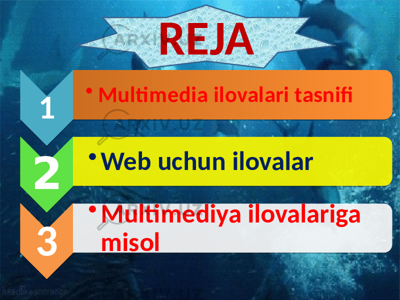 1 • Multimedia ilovalari tasnifi 2 • Web uchun ilovalar 3 • Multimediya ilovalariga misol REJA01 01 02 01 01 13 17 01 0203 0609 