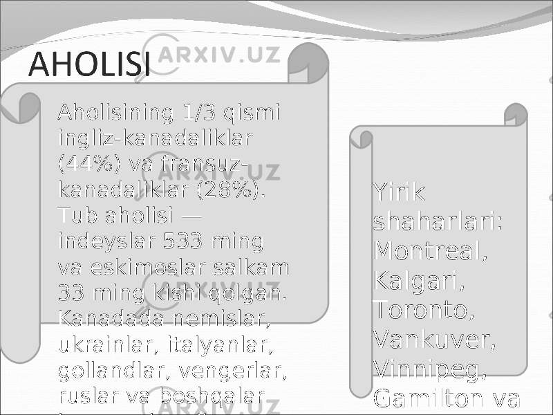 Aholisining 1/3 qismi ingliz-kanadaliklar (44%) va fransuz- kanadaliklar (28%). Tub aholisi — indeyslar 533 ming va eskimoslar salkam 33 ming kishi qolgan. Kanadada nemislar, ukrainlar, italyanlar, gollandlar, vengerlar, ruslar va boshqalar ham yashaydi. Yirik shaharlari: Montreal, Kalgari, Toronto, Vankuver, Vinnipeg, Gamilton va boshqalar 