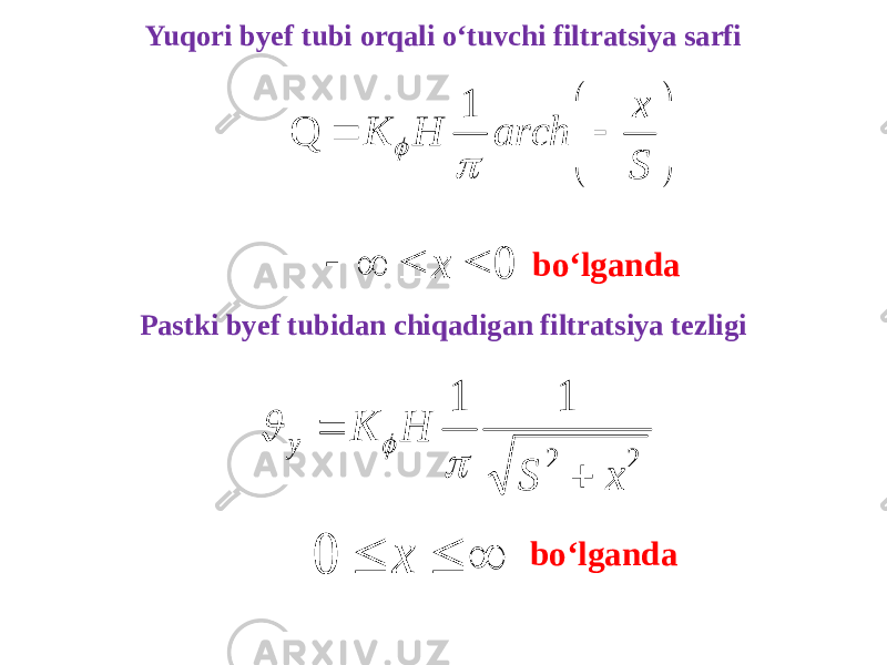 Yuqori byef tubi orqali o‘tuvchi filtratsiya sarfi        S x arch H K   1 Q 0     x bo‘lganda Pastki byef tubidan chiqadigan filtratsiya tezligi 2 2 1 1 x S H K y         x 0 bo‘lganda 