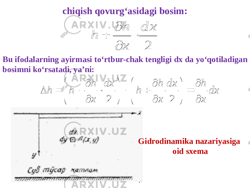 chiqish qovurg‘asidagi bosim:2 d x x h h     Bu ifodalarning ayirmasi to‘rtbur-chak tengligi dx da yo‘qotiladigan bosimni ko‘rsatadi, ya’ni: dx x h dx x h h dx x h h h                          2 2 Gidrodinamika nazariyasiga oid sxema 