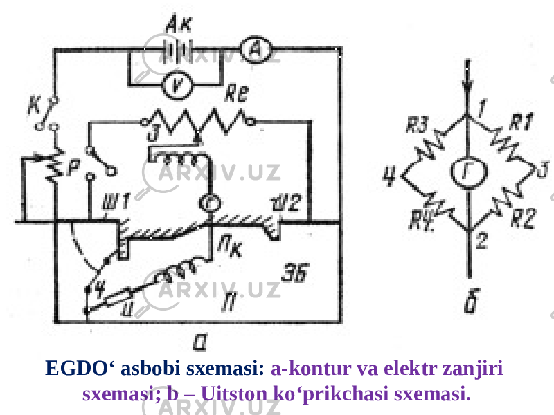 EGDO‘ asbobi sxemasi: a-kontur va elektr zanjiri sxemasi; b – Uitston ko‘prikchasi sxemasi. 