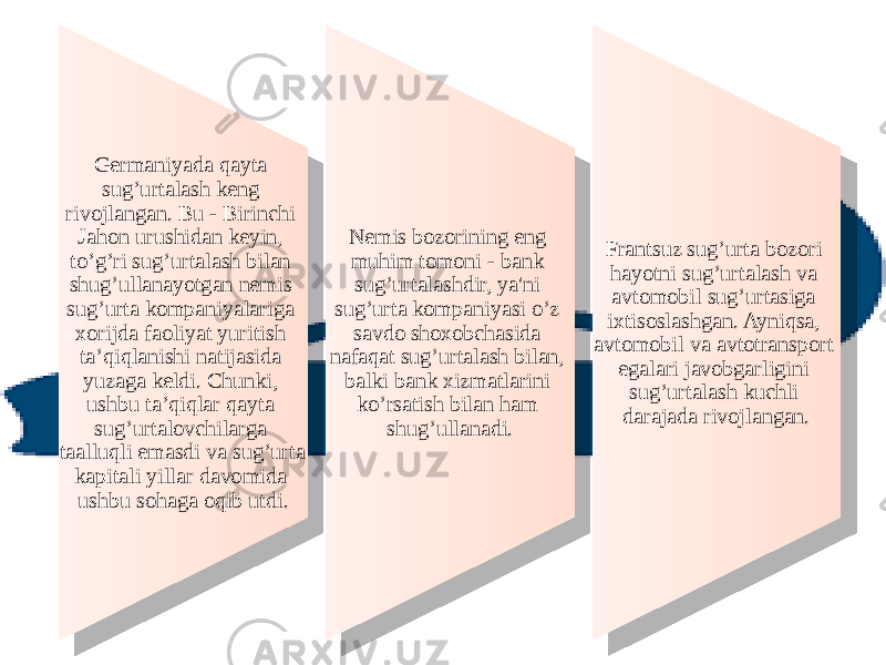 Germaniyada qayta sug’urtalash keng rivojlangan. Bu - Birinchi Jahon urushidan keyin, to’g’ri sug’urtalash bilan shug’ullanayotgan nemis sug’urta kompaniyalariga xorijda faoliyat yuritish ta’qiqlanishi natijasida yuzaga keldi. Chunki, ushbu ta’qiqlar qayta sug’urtalovchilarga taalluqli emasdi va sug’urta kapitali yillar davomida ushbu sohaga oqib utdi. Nemis bozorining eng muhim tomoni - bank sug’urtalashdir, ya&#39;ni sug’urta kompaniyasi o’z savdo shoxobchasida nafaqat sug’urtalash bilan, balki bank xizmatlarini ko’rsatish bilan ham shug’ullanadi. Frantsuz sug’urta bozori hayotni sug’urtalash va avtomobil sug’urtasiga ixtisoslashgan. Ayniqsa, avtomobil va avtotransport egalari javobgarligini sug’urtalash kuchli darajada rivojlangan.3B180A0D 12051314050A1002 0A0B 3F 10 1217051314050E0E 1205 15090A0B0C 10 19050402 0512 1205 10 0F021E 0512 38180D 0D05 12 12051314050A1002 12 160222021F 1C020E 0F09140A120210 1217051314050E0E 41 1702190910160B 02 0B15100B 020310 18 12 11020A020C 