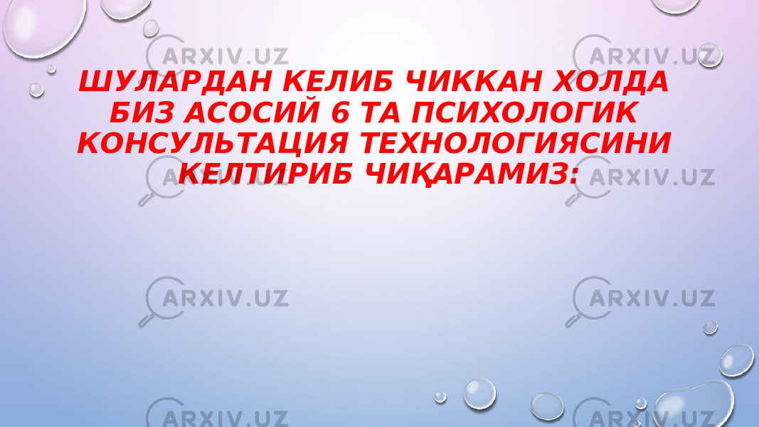 ШУЛАРДАН КЕЛИБ ЧИККАН ХОЛДА БИЗ АСОСИЙ 6 ТА ПСИХОЛОГИК КОНСУЛЬТАЦИЯ ТЕХНОЛОГИЯСИНИ КЕЛТИРИБ ЧИҚАРАМИЗ: 