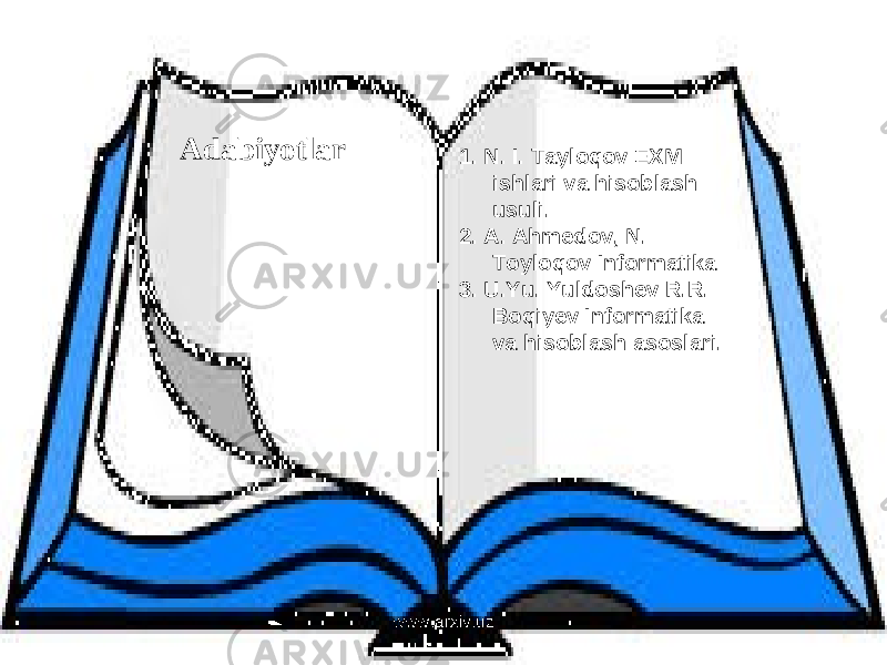 Adabiyotlar 1. N. I. Tayloqov EXM ishlari va hisoblash usuli. 2. A. Ahmedov, N. Toyloqov Informatika 3. U.Yu. Yuldoshev R.R. Boqiyev Informatika va hisoblash asoslari. www.arxiv.uz 