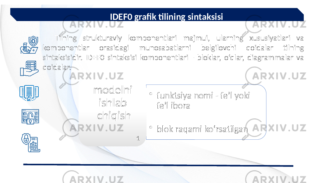 IDEF0 grafik tilining sintaksisi Tilning strukturaviy komponentlari majmui, ularning xususiyatlari va komponentlar orasidagi munosabatlarni belgilovchi qoidalar tilning sintaksisidir. IDEF0 sintaksisi komponentlari - bloklar, o‘qlar, diagrammalar va qoidalar. • funktsiya nomi - fe’l yoki fe’l ibora • blok raqami ko‘rsatilganmodelni ishlab chiqish 1 