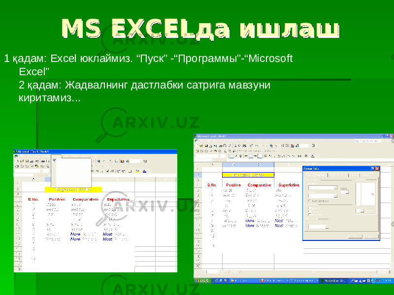 MS EXCELMS EXCEL да ишлашда ишлаш 1 қадам: Excel юклаймиз . “ Пуск ” -“ Программы ”-“Microsoft Excel” 2 қадам: Жадвалнинг дастлабки сатрига мавзуни киритамиз... 