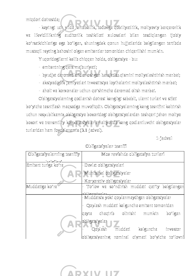 miqdori doirasida; - keyingi uch yilda rentabellik, todovga qobiliyatlilik, moliyaviy barqarorlik va likvidlilikning auditorlik tashkiloti xulosalari bilan tasdiqlangan ijobiy ko’rsatkichlariga ega bo’lgan, shuningdek qonun hujjatlarida belgilangan tartibda mustaqil reyting bahosini olgan emitentlar tomonidan chiqarilishi mumkin. Yuqoridagilarni kelib chiqqan holda, obligatsiya - bu: - emitentning qarz majburiyati; - byudjet daromadlaridan oshgan harajatlar qismini moliyalashtirish manbai; - aksiyadorlik jamiyatlari investitsiya loyihalarini moliyalashtirish manbai; - aholi va korxonalar uchun qo’shimcha daromad olish manbai. Obligatsiyalarning qodlanish doirasi kengligi sababli, ularni turlari va sifati bo’yicha tasniflash maqsadga muvofiqdir. Obligatsiyalarning keng tasnifini keltirish uchun respublikamiz obligatsiya bozoridagi obligatsiyalardan tashqari jahon moliya bozori va transmilliy korporatsiyalar amaliyotida keng qodlaniluvchi obligatsiyalar turlaridan ham foydalanamiz (3.1-jadval). 1-jadval Obligatsiyalar tasnifi Obligatsiyalarning tasnifiy belgilari Mos ravishda obligatsiya turlari Emitent turiga ko’ra - Davlat obligatsiyalari - Munitsipal obligatsiyalar - Korporativ obligatsiyalar Muddatiga ko’ra - To’lov va so’ndirish muddati qat’iy belgilangan obligatsiyalar - Muddatsiz yoki qoplanmaydigan obligatsiyalar - Qoplash muddati kelguncha emitent tomonidan qayta chaqirib olinishi mumkin bo’lgan obligatsiyalar - Qoplash muddati kelguncha investor obligatsiyaning nominal qiymati bo’yicha to’lovni 