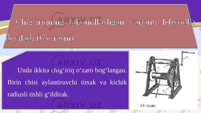 Chig‘iriqning takomillashgan varianti lebyodka deyiladi (65- rasm). Unda ikkita chig‘iriq o‘zaro bog‘langan. Birin chisi aylantiruvchi tirsak va kichik radiusli tishli g‘ildirak. 