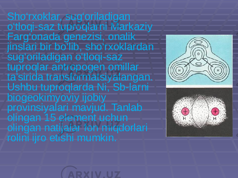 Sho‘rxoklar, sug‘oriladigan o‘tloqi-saz tuproqlarni Markaziy Farg‘onada genezisi, onalik jinslari bir bo‘lib, sho‘rxoklardan sug‘oriladigan o‘tloqi-saz tuproqlar antropogen omillar ta’sirida transformatsiyalangan. Ushbu tuproqlarda Ni, Sb-larni biogeokimyoviy ijobiy provinsiyalari mavjud. Tanlab olingan 15 element uchun olingan natijalar fon miqdorlari rolini ijro etishi mumkin. 