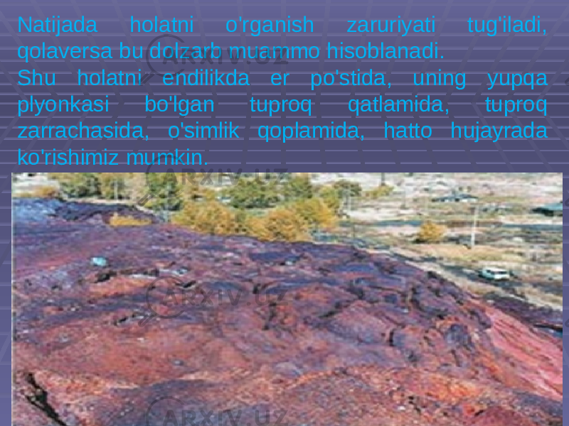 Natijada holatni o&#39;rganish zaruriyati tug&#39;iladi, qolaversa bu dolzarb muammo hisoblanadi. Shu holatni endilikda er po&#39;stida, uning yupqa plyonkasi bo&#39;lgan tuproq qatlamida, tuproq zarrachasida, o&#39;simlik qoplamida, hatto hujayrada ko&#39;rishimiz mumkin. 