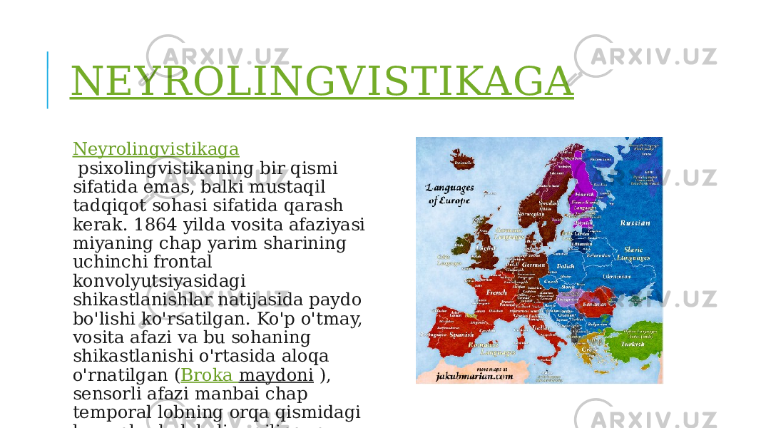 NEYROLINGVISTIKAGA Neyrolingvistikaga  psixolingvistikaning bir qismi sifatida emas, balki mustaqil tadqiqot sohasi sifatida qarash kerak. 1864 yilda vosita afaziyasi miyaning chap yarim sharining uchinchi frontal konvolyutsiyasidagi shikastlanishlar natijasida paydo bo&#39;lishi ko&#39;rsatilgan. Ko&#39;p o&#39;tmay, vosita afazi va bu sohaning shikastlanishi o&#39;rtasida aloqa o&#39;rnatilgan ( Broka maydoni  ), sensorli afazi manbai chap temporal lobning orqa qismidagi lezyonlarda lokalize qilingan.  