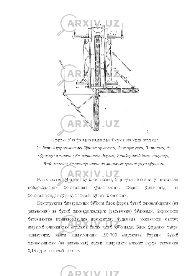 5-расм. Унификациялашган йирик шчитли қолип: 1− бетон қоришмасини йўналтирувчиси; 2−тортувчи; 3−тасма; 4− сўрилар; 5−шчит; 6− вертикал ферма; 7−тўғрилайдиган тортқи; 8−домкрат; 9−ташқи шчитни монтаж қилиш учун сўрилар. Блок форма (4-расм) бу блок форма, бир турли икки ва уч поғонали пойдеворларни бетонлашда қўлланилади. Форма ўрнатилади ва бетонлангандан сўнг кран билан кўчириб олинади. Конструктив бажарилиши бўйича блок форма бузиб олинмайдиган (не разъемная) ва бузиб олинадиганларга (разъемная) бўлинади. Биринчиси бетонланган пойдеворлардан домкратлар ёрдамида, иккинчиси махсус ажратиб олинадиган мослама билан олиб қўйилади. Блок формани тўғри ишлатилса, қайта ишлатилиши 150-200 мартагача боради. Бузиб олинмайдиган (не разъемная) қолип ишлридаги меҳнат сарфи тахминан 0,15 одам- соат/м3 га тенг. 