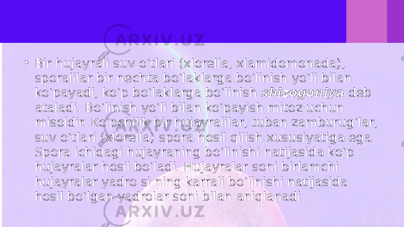 • Bir hujayrali suv o‘tlari (xlorella, xlamidomonada), sporalilar bir nechta bo‘laklarga bo‘linish yo‘li bilan ko‘payadi, ko‘p bo‘laklarga bo‘linish shizogoniya deb ataladi. Bo‘linish yo‘li bilan ko‘payish mitoz uchun misoldir. Ko‘pchilik bir hujayralilar, tuban zamburug‘lar, suv o‘tlari (xlorella) spora hosil qilish xususiyatiga ega. Spora ichidagi hujayraning bo‘linishi natijasida ko‘p hujayralar hosil bo‘ladi. Hujayralar soni birlamchi hujayralar yadro si ning karrali bo‘linishi natijasida hosil bo‘lgan yadrolar soni bilan aniqlanadi. 