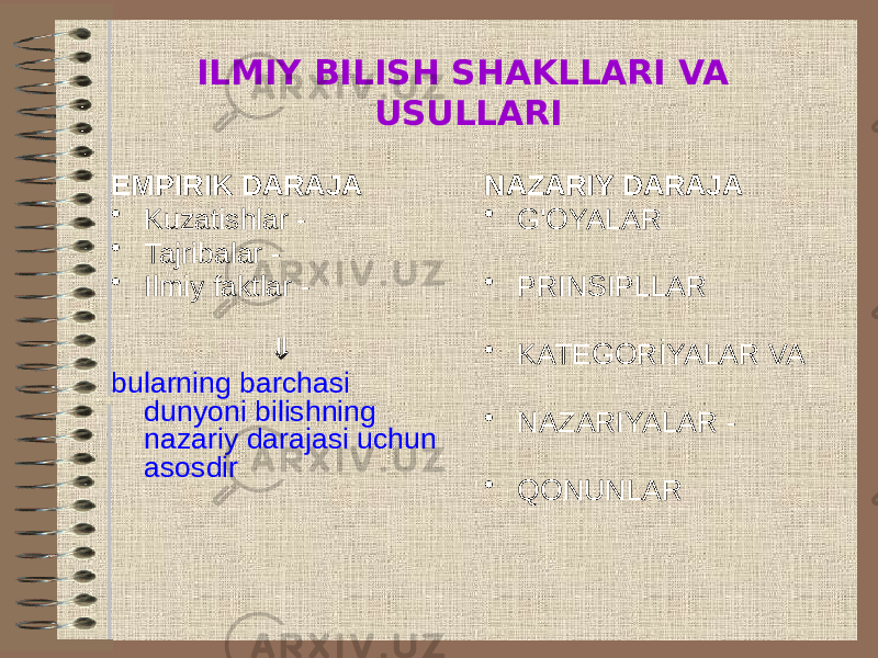 ILMIY BILISH SHAKLLARI VA USULLARI EMPIRIK DARAJA • Kuzatishlar - • Tajribalar - • Ilmiy faktlar -  bularning barchasi dunyoni bilishning nazariy darajasi uchun asosdir NAZARIY DARAJA • G&#39;OYALAR • PRINSIPLLAR • KATEGORİYALAR VA • NAZARIYALAR - • QONUNLAR 