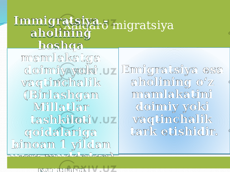 Xalqaro migratsiyaImmigratsiya - aholining boshqa mamlakatga doimiy yoki vaqtinchalik (Birlashgan Millatlar tashkiloti qoidalariga binoan 1 yildan uzoq muddatga) ko‘chib kelishidir. Emigratsiya esa aholining o‘z mamlakatini doimiy yoki vaqtinchalik tark etishidir. 3F0707 0A020304 18030C 07 170305 1C0A190B 0E 2005 0B 190305 1805 1B1D031906 14 142504 33 0A020304 070A 170305 1C0A190B05 0B 