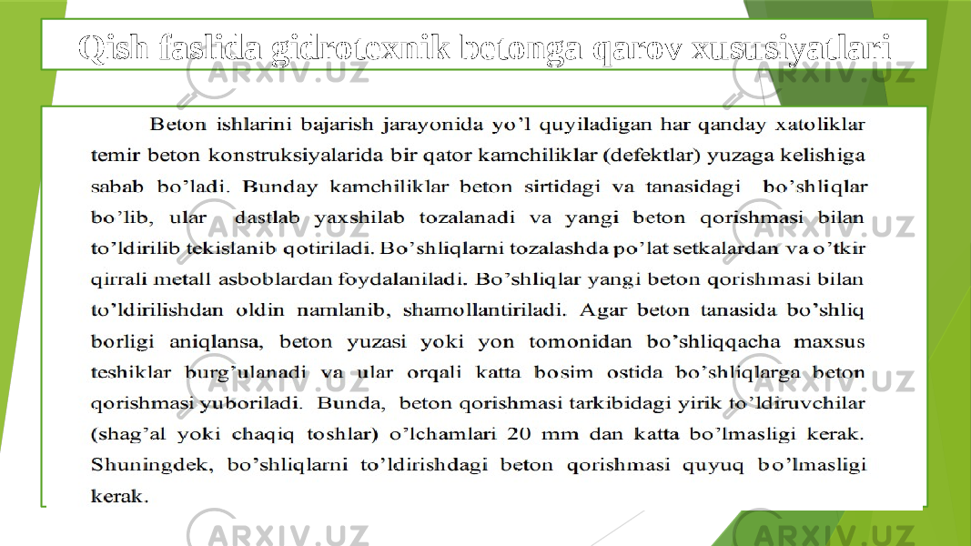 Qish faslida gidrotexnik betonga qarov xususiyatlari D L 