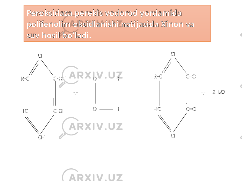 CH R-C C-OH C-OH CHHC H O H O + CH R-C C=O C=O CHHC + 2H 2 OPeroksidaza perekis vodorod yordamida polifenolim oksidlanishi natijasida Xinon va suv hosil bo’ladi. 